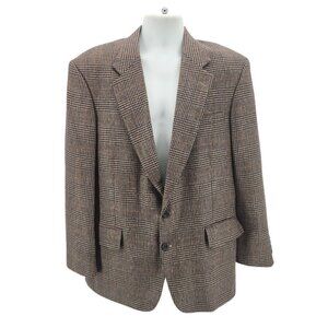 Vintage Robert Stock Mens 42R Blazer Jacket Wool Blend Houndstooth Plaid Tan